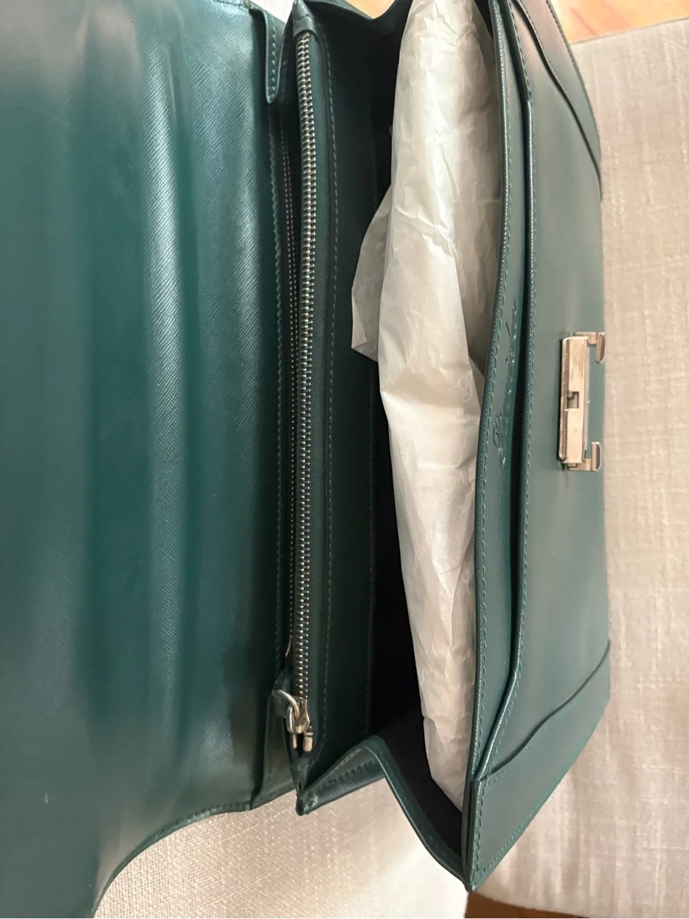 Men's Green Leather Laptop Briefcase with Top Handle